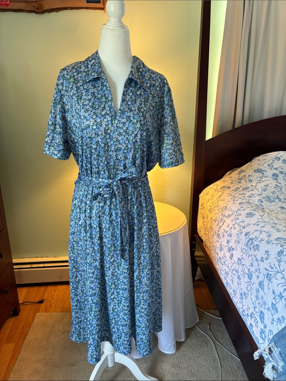 Vintage 70s Haband Blue Floral Midi Tie-Waist Dress